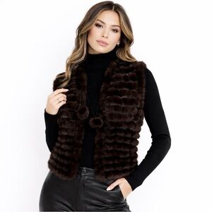 Adrienne Landau 100% Mink Brown Fur Pom Pom Gilet Vest Size Medium Bohemian Luxe